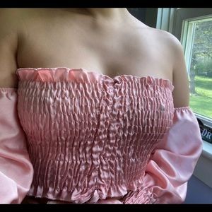 Pink satin off the shoulder crop top with bell sleeves